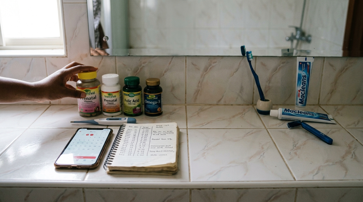 Bathroom counter split between her preparation and his empty side